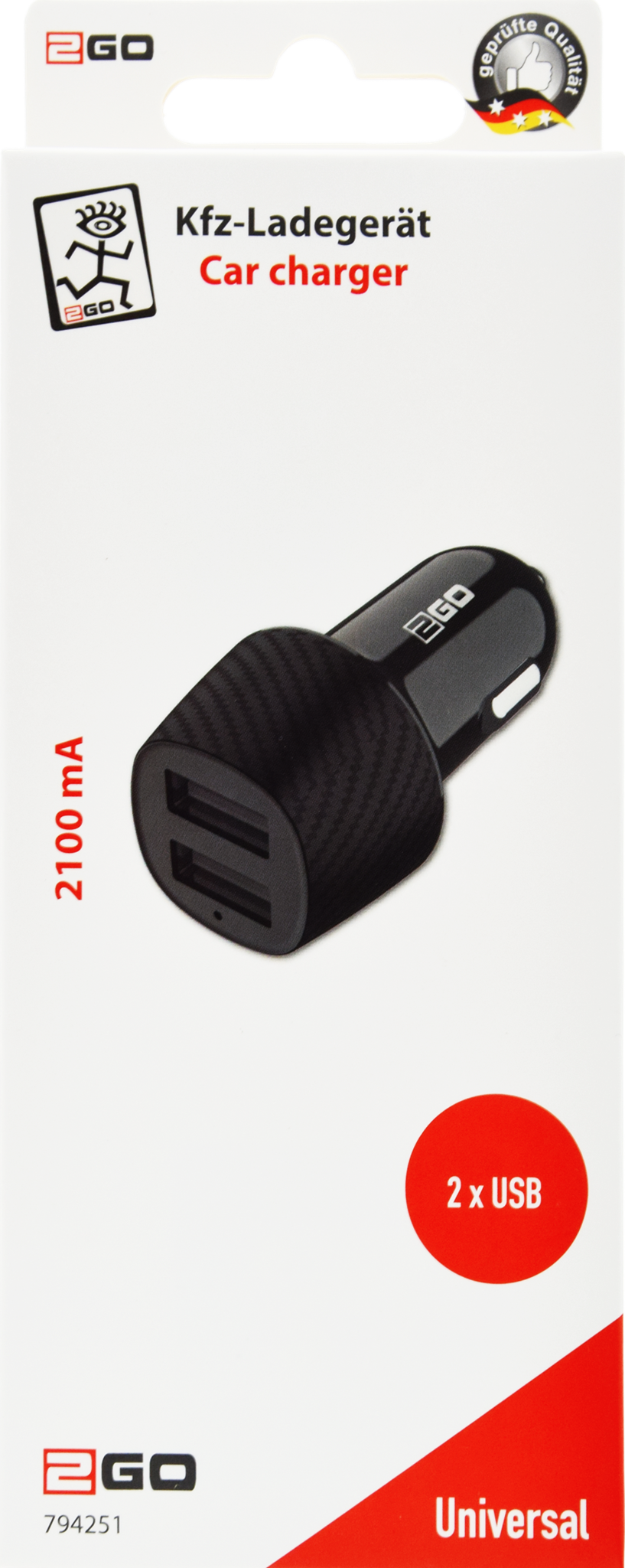 2GO-Mobile.net -B2B-. Universal Dual-USB Kfz-Ladegerät 12V/24V 2A, schwarz
