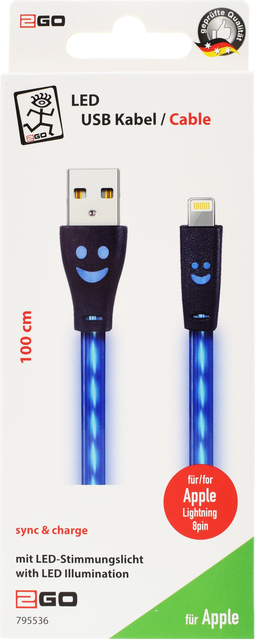 2GO-Mobile.net -B2B-. 2GO USB-datacable LED, blue, for iPhone 5